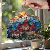 Asian Temple Acrylic Suncatcher, Stained Glass Style Mountain Landscape Art, Zen Window Decor, Travel Inspired Gift for Home